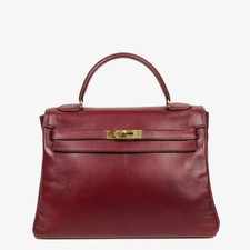 Vintage Hermès Kelly 32 Retourne In Burgundy H Box Calf With Gold Hardware