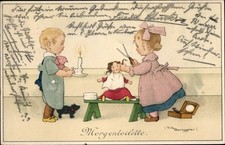 Künstler Ak Baumgarten, Fritz, Morgentoilette, Mädchen schneidet... - 10652928