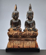 Seated double Buddha statue, lacquered wood, Mon state, Burma, 17th to 18thC