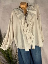Damen Bluse Rüschen 100% Baumwolle Ballonärmel One Size 40-46  Washed Out beige