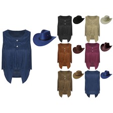 Damen Fransenweste Kunstwildleder Weste Rock Quaste Motto Party Kostüm Cowboy