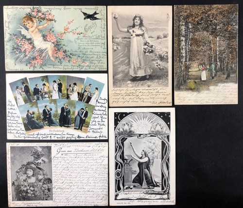 6 antike postkarten - ,