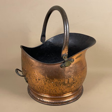 Antik Metall Kupfer Kohle Eimer Griff Kamin Schiffchen Helm Vintage Feuerscheit