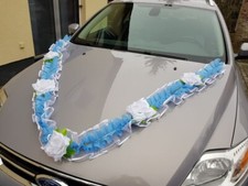 Wedding Hochzeitsdeko Autoschmuck Autogirlande Hellblau Weiß Rosen