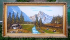 Ölgemälde Alpenlandschaft mit Hütte & Bach, signiert, 90×50 cm, Goldrahmen