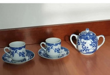 2 Espresso Tassen mit Unterteller und Zuckerdose - Blau Weiß - Italien Vintage