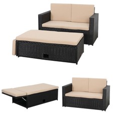 Gartensofa mit Fußbank Polyrattan Schwarz Wintergarten Sitzgruppe Garnitur 🌴