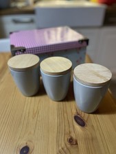 3 x Höganäs Keramikbecher mit Holzdeckel, Rörstrand Grau Aufbewahrung, Teebecher