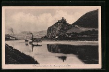 Aussig an der Elbe, Burg Schreckenstein mit Elbdampfer, Ansichtskarte 