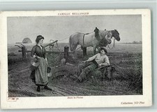 10540543 - Pferdepflug - Frau mit Milchkannen AK Tiergespann