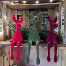 3 x Flock Elch Figur sitzt rot grün 26-30 Deko Kantenhocker Weihnachten Rentier