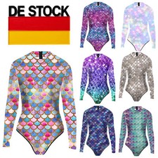 DE Damen Meerjungfrau Kostüm Fischschuppen Badeanzug Schwimmanzug Langarm Body