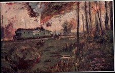 Künstler Ak Kuk Armee, Russischer Panzerzug im österr. Feuer, I. WK - 10755446