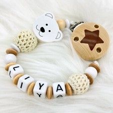 Schnullerkette mit Namen personalisiert Mädchen Junge 3D Bär Holz natur Nuckel