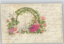 12021661 - Tauben Rosenspalier Seidenapplikation Stoffapplikation 1903