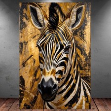 LEINWAND BILD ER XXL ABSTRAKT ZEBRA SCHWARZ / GOLD / SILBER PFERD WAND POSTER