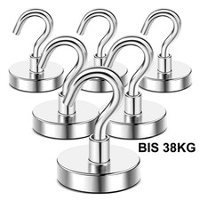 6 Stück Magnethaken Topfmagnet mit Haken D 32 mm 38 Kg Neodym Magnet M6 Gewinde