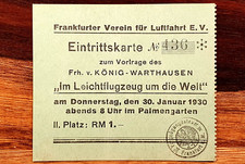 Eintrittskarte, Im Leichtflugzeug um die Welt, 30.1.1930, Frankfurt Palmengarten