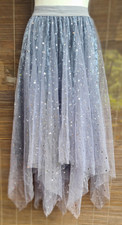 Damen Maxirock Tutu Tüllrock A-Linie grau silber Stern  Party Lang Rock Fasching