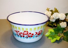 Emaille Schüssel Schale alt weiß Blumen Dekor Bumper Harvest shabby chic  ø 18cm