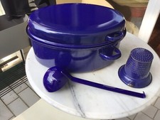 Bräter alt und stabil mit Kelle und Sieb Emaille Oval blau mit Deckel 39 cm,Gans