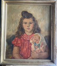 ::ÖLGEMÄLDE PORTRÄT MÄDCHEN MIT PUPPE LÄCHELN KIND FRIEDLICH WIEGERS 1944