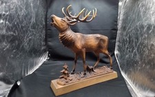 Vintage Skulptur röhrender Hirsch 12 Ender Holzsockel/Elastolin Figur 26cm Lang