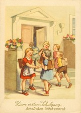 Glückwunsch zum Schulanfang, Kinder mit Schulranzen, DDR Künstler-Postkarte 1954