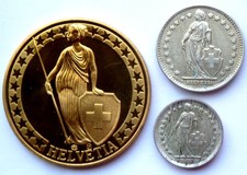 2 alte Silber Münzen Schweiz 1959 + 40mm Medaille Helvetia & Zürichsee