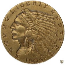 USA, 5 Dollars, 1909 D, Indian Head, KM 129, GOLD, sehr schön+