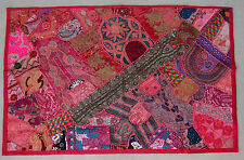 100 cm x 150 cm Wandteppich Hellrot Wandbehang Rajasthan Indien Patchwork Sari