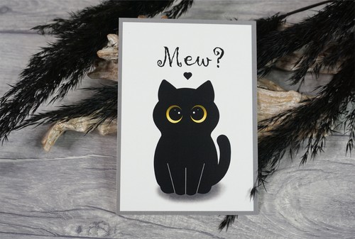 Postkarte katze schwarz mew - schwarz,,