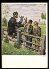Künstler-AK sign. Otto Quante: Mann mit Handpuppen auf einem Zaun 1955 
