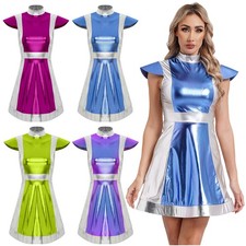DE Damen Alien Kostüm Metallic Kleid Cosplay Weltall Astronauten Halloween Party
