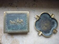 Zigarettendose + Ascher Bronze massiv Deckeldose Pferd Kutsche Dose Raucherset