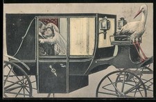 Brautpaar in Kutsche, Klapperstorch als Kutscher, Ansichtskarte 1935 