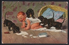 Künstler-AK August Roeseler: Ein Überfall, Dackel sichern sich die Milchmahlzei 