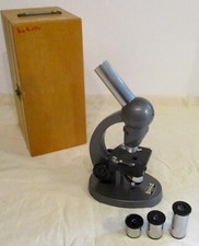 antikes Studio Schul Mikroskop max 300x Holzbox 3 Objektive 3 Oculare Enuro