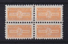 Französische Zone Württemberg 1949 Wohnungsbauabgabe Mi.-Nr. 3c Viererblock **