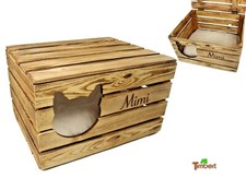 RUSTIKALE KATZENHÖHLE PERSONALISIERT mit Namen Vintage Truhe aus Holz Katzenkorb