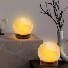 Tischleuchte Nachttischlampe Beistellleuchte LED Kugel Salzkristall Holz USB 2x