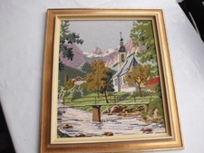 Gobelin Stickbild Holzrahmen Handarbeit Kirche Alpen 48x40,5cm Vintage Stickerei