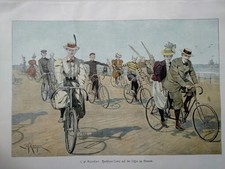 Farb-Holzstich Radfahrer-Corso Digue Ostende Männer Frauen Fahrrad ca 1890