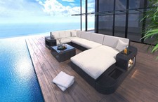 Rattansofa Polyrattan WAVE U Form Gartenmöbel Lounge Creme Set Sofa Couch LED