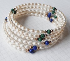 2 x Perlen Armband Armreif Gold 585 Kugeln Malachit Lapis Spirale flexibel 14 kt