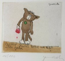 Janosch Original Radierung Armer Hund handsigniert; Motiv 12x10,5 neu