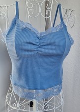 FBSister CropTop Bauchfrei Ribbmuster Spitze Stretch Blau | Größe S 