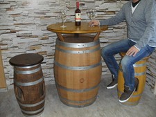 FASSTISCH mit Bootslack für Außen WEINFASS TISCH HOLZFASS EICHENFAß Bistrotisch