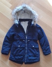 Parka Jacke (Winter) Gr. 134 Mädchen, dunkelblau mit Kapuze (Kunstfell), H&M