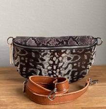 Bauchtasche Gürteltasche Tasche Python Grau  Damen Leder Cross Over Italy L